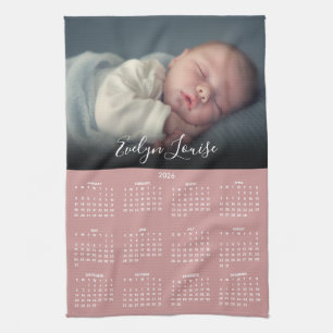 2026 Calendar Script Name Photo Dusty Rose Pink Kitchen Towel