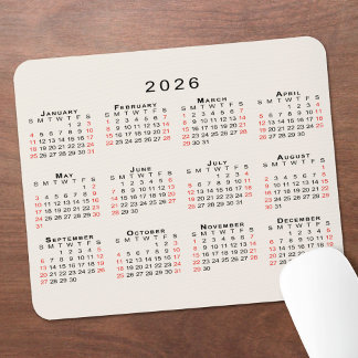 2026 Calendar Simple Beige Black Red Mouse Pad