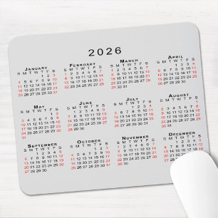 2026 Calendar Simple Gray Black Red Mouse Pad
