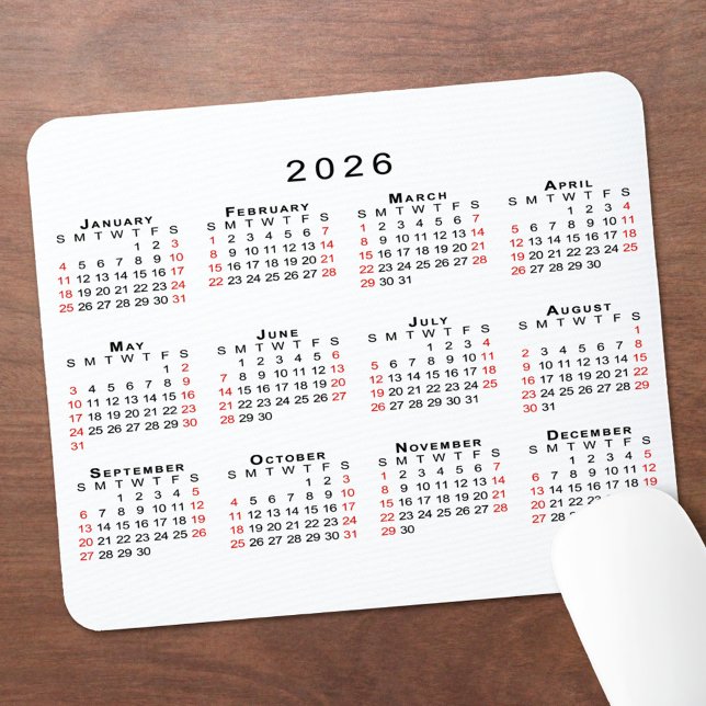 2026 Calendar Simple White Black Red Mouse Pad (2026 Calendar Simple White Black Red Mouse Pad, in situ)