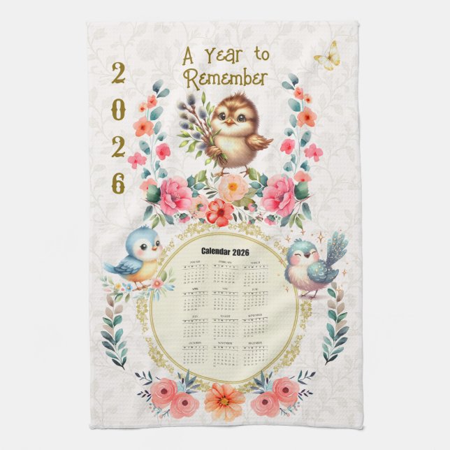 2026 Calendar Towel Cute Folk Floral Birds  (Vertical)