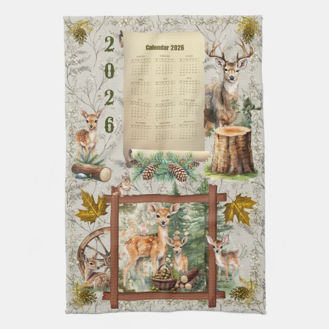 2026 Calendar Towel Deer Buck Pinecones Acorns  (Vertical)