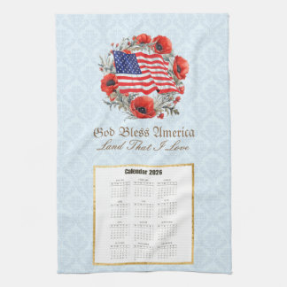 2026 Calendar Towel God Bless America Flag Poppies