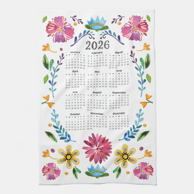 2026 Calendar Traditional Mexican Floral Folk Art Kitchen Towel (Vertical)