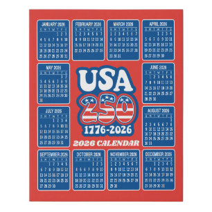 2026 Calendar - USA 250 Red White Blue Faux Canvas Print