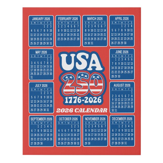 2026 Calendar - USA 250 Red White Blue Faux Canvas Print (Front)