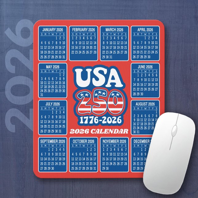 2026 Calendar - USA 250 Red White Blue Mouse Pad (2026 Calendar on a Mousepad)