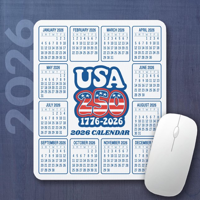 2026 Calendar - USA 250 Red White Blue Mouse Pad (2026 Calendar on a Mousepad)