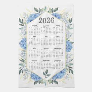 2026 Calendar Watercolor Blue Botanical Greenery Kitchen Towel