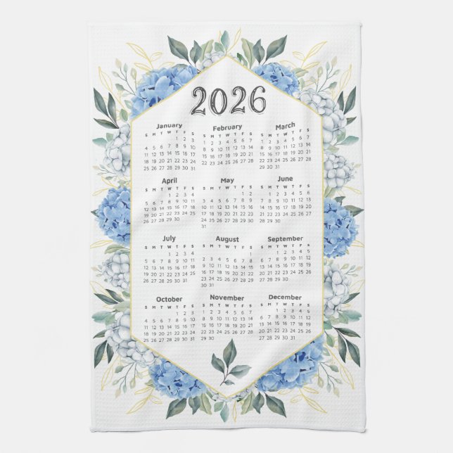 2026 Calendar Watercolor Blue Botanical Greenery Kitchen Towel (Vertical)