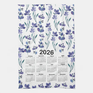 2026 Calendar Watercolor Blue Floral Pattern Kitchen Towel