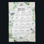 2026 Calendar Watercolor Eucalyptus White Floral Kitchen Towel<br><div class="desc">This design features delicate Watercolor blossoms paired with soft green eucalyptus leaves that gives it an airy,  elegant,  and calming look.</div>