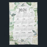 2026 Calendar Watercolor Eucalyptus White Floral Kitchen Towel<br><div class="desc">This design features delicate Watercolor blossoms paired with soft green eucalyptus leaves that gives it an airy,  elegant,  and calming look.</div>