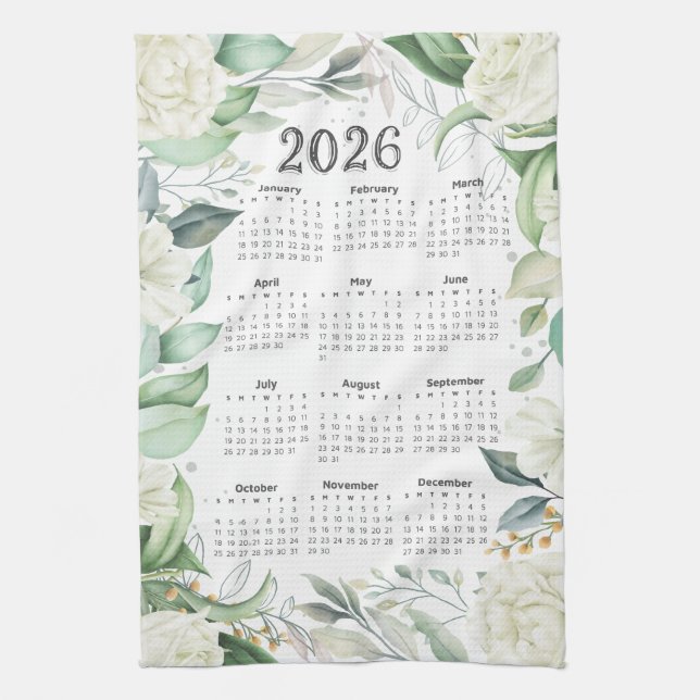 2026 Calendar Watercolor Eucalyptus White Floral Kitchen Towel (Vertical)