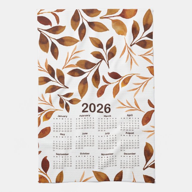 2026 Calendar Watercolor Fall Leaves Pattern Kitchen Towel (Vertical)