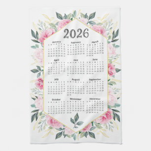 2026 Calendar Watercolor Pink Botanical Greenery Kitchen Towel
