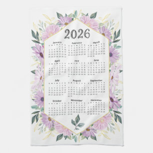 2026 Calendar Watercolor Purple Botanical Greenery Kitchen Towel