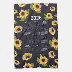 2026 Calendar Watercolor Sunflowers Pattern Kitchen Towel