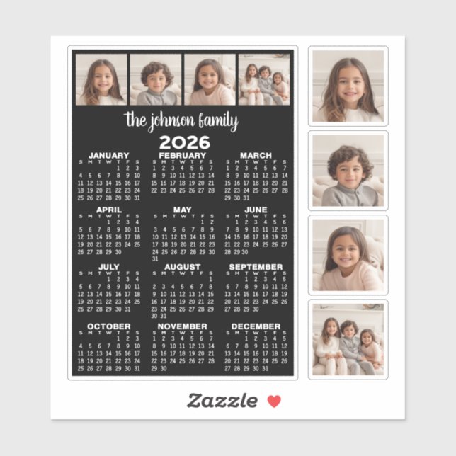 2026 Calendar with 4 Photo Collage and 4 square Sticker (Sheet)