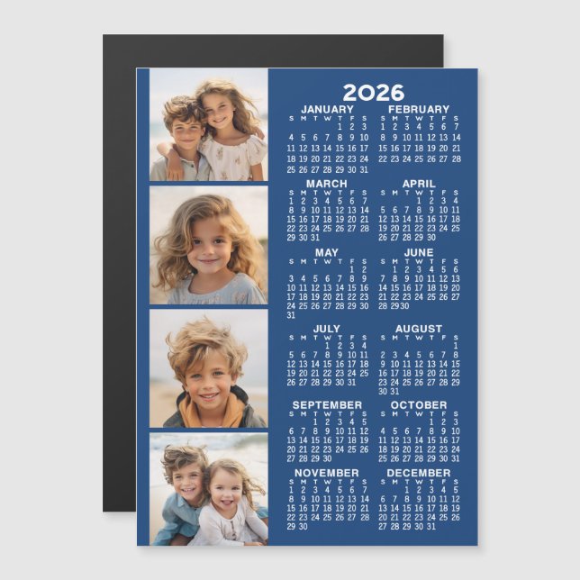 2026 Calendar with 4 Photo Collage Magnetic Card (Front/Back)
