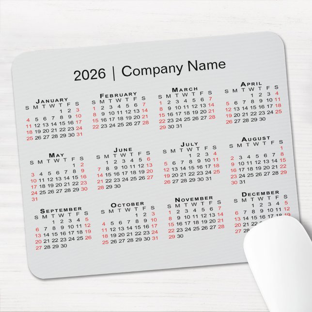 2026 Calendar with Company Name on Light Grey Mouse Pad (2026 Calendar with Company Name on Light Grey Mouse Pad, in situ)