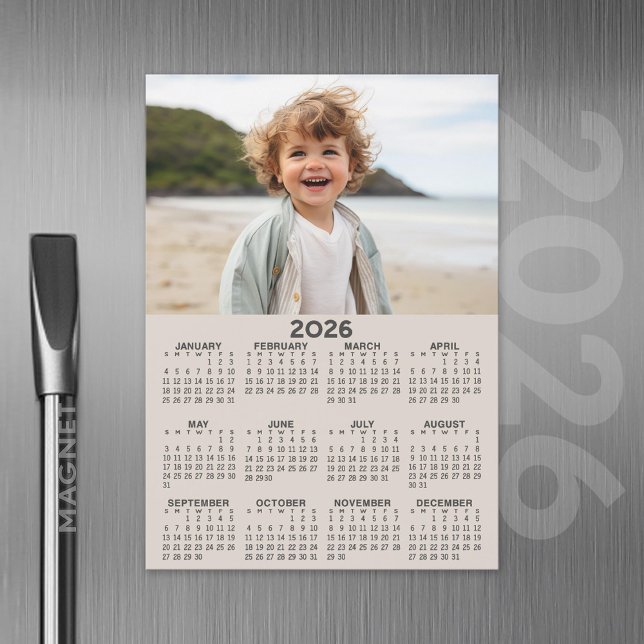 2026 Calendar with Photo - Year View Magnetic Card (2026 Calendar Magnet with Custom Photo)