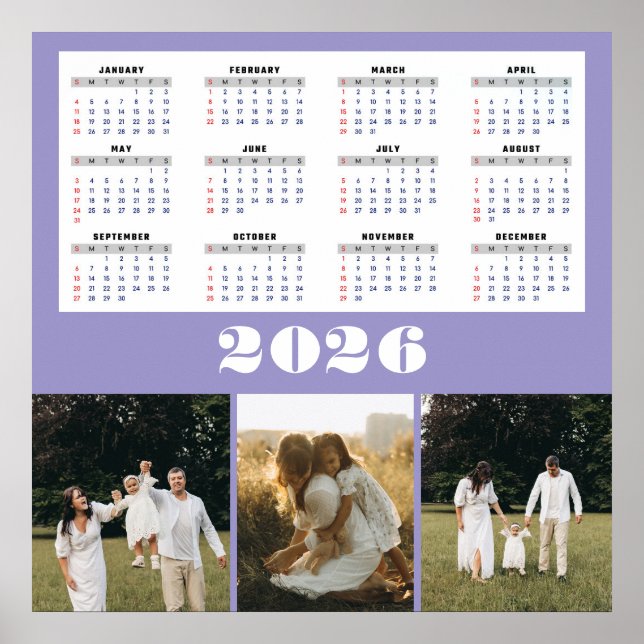2026 Calendar with Purple Background  Poster (Front)