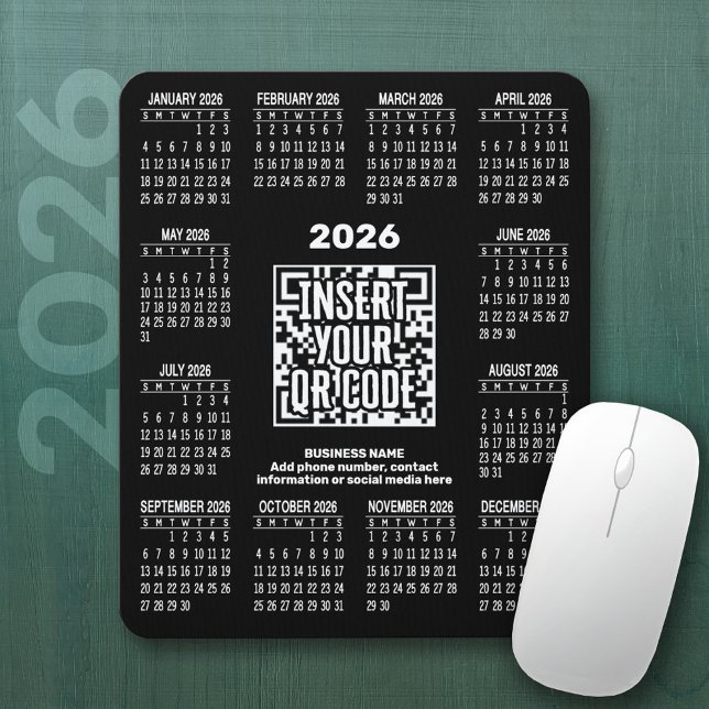 2026 Calendar with QR Code Contact Info Black Mouse Pad (2026 Calendar on a Mousepad)