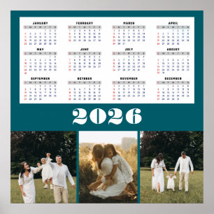 2026 Calendar with Teal Background  Poster
