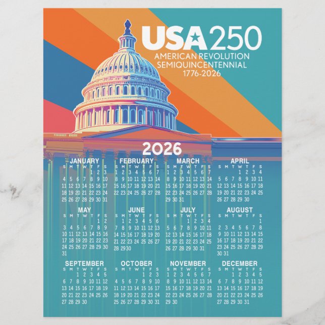 2026 Calendar with USA 250 Capital Dome America Letterhead (Front)
