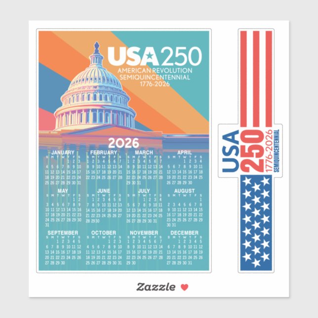 2026 Calendar with USA 250 Capital Dome America Sticker (Sheet)