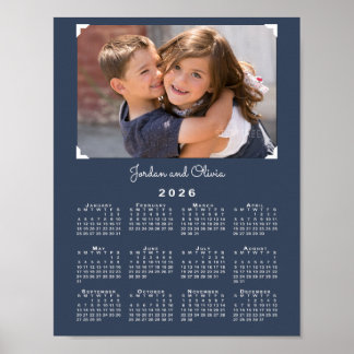 2026 Calendar with Your Photo and Name Navy Blue Poster