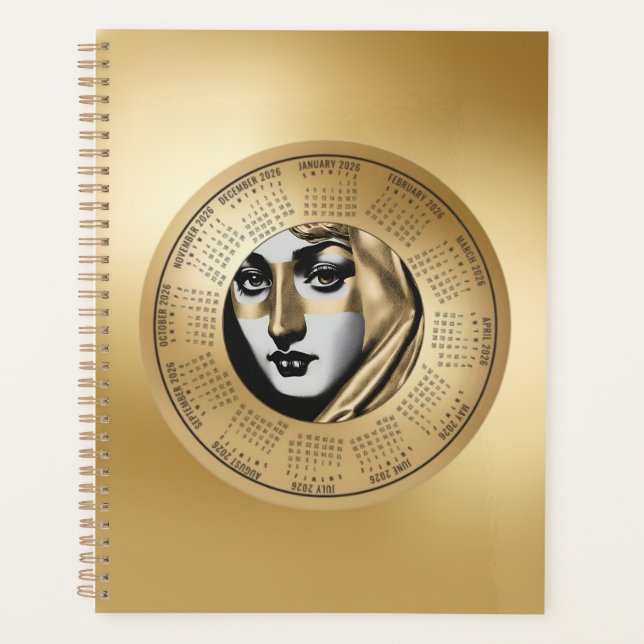 2026 Calendar Woman’s Face in Black and Gold Planner (Front)