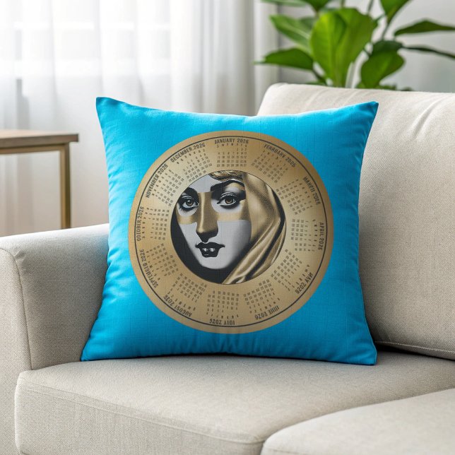  2026 Calendar Woman’s Face in Black and Gold Throw Pillow (Creator Uploaded)