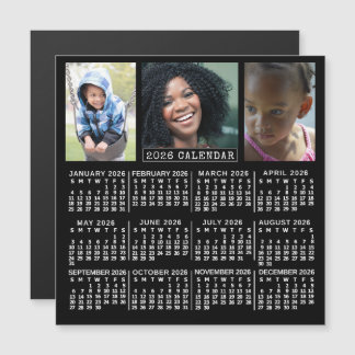 2026 Calendar Year Black | 3 Custom Photo Collage Magnetic Invitation
