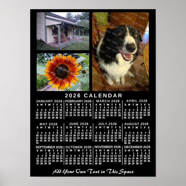 2026 Calendar Year Black Custom 3 Photos Monthly Poster (Front)