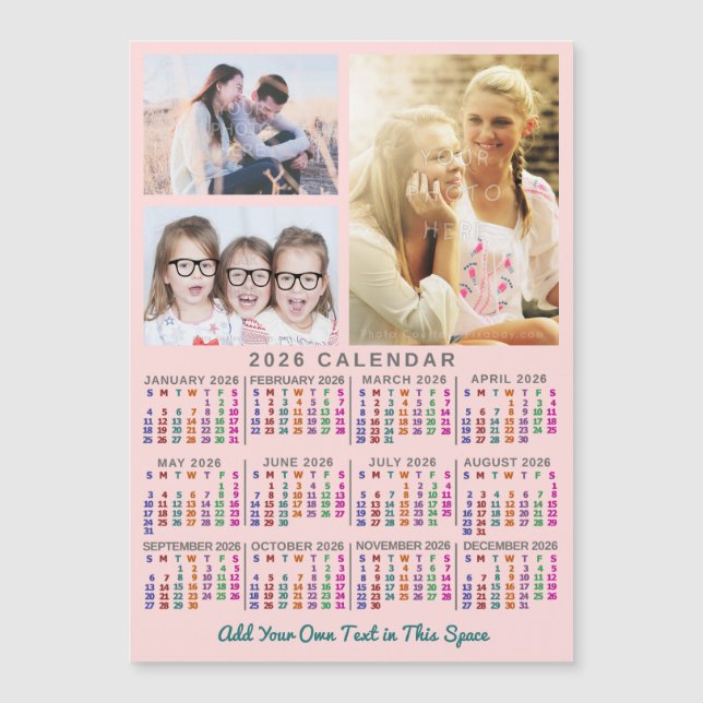 2026 Calendar Year Colorful Custom 3 Photo Magnet (Front)