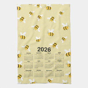 2026 Calendar Yellow Honey Bumble Bee Pattern Kitchen Towel