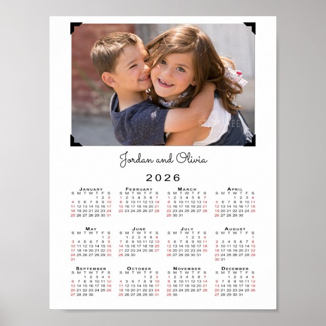 2026 Calendar Your Photo and Name on White Poster (Front)
