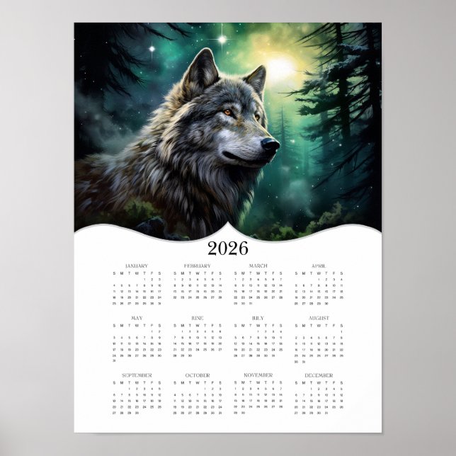 2026 Celestial Wolf Fantasy Art Full Year Calendar Poster (Front)