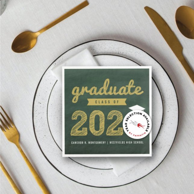 2026 Chalkboard Bold Sketch Graduation Party Paper Napkins (Class of 20YY Chalkboard Bold Gold Sketch Graduation Party Paper Napkin @ zazzle.com/color_therapy)