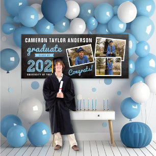 2026 Chalkboard Sketch 3 Photo Collage Grad Party Banner