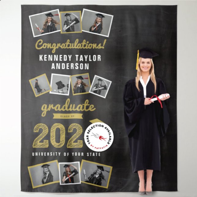2026 Chalkboard Sketch Grad 10 Photo Backdrop (20YY Gold Sketch Black Chalkboard Graduation Party 9 Photo Backdrop @ www.zazzle.com/color_therapy)