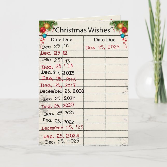 2026 Christmas Library Card with Due Dates (Front)