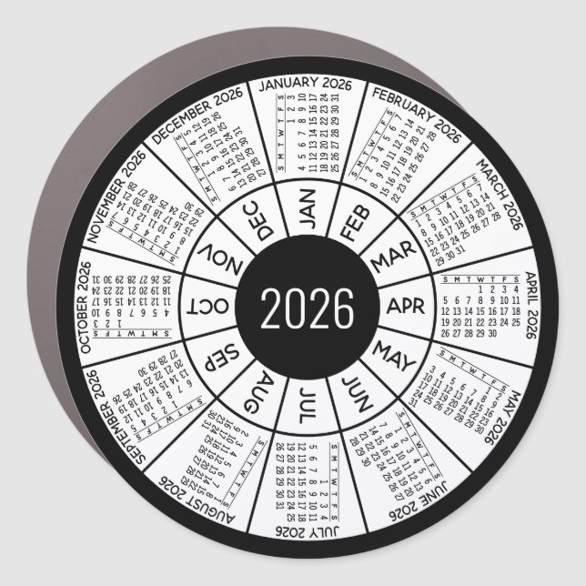 2026 Circle Calendar - Modern Black White Car Magnet (Front)