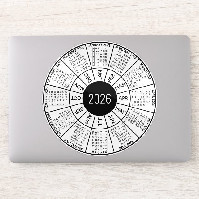 2026 Circle Calendar - Modern Black White Sticker (Computer)