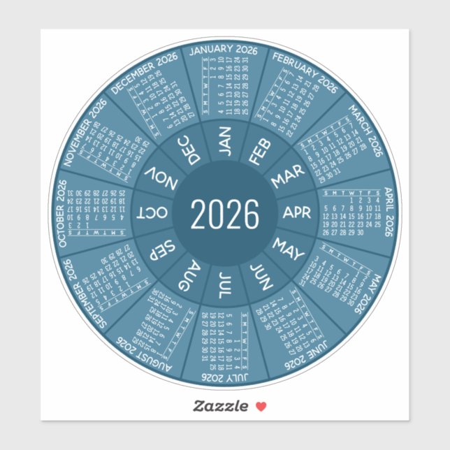2026 Circle Calendar - Modern Shades of Blue Sticker (Sheet)