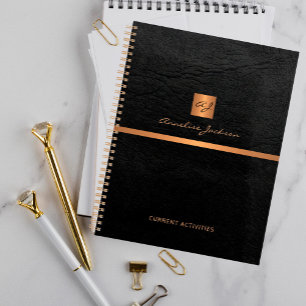 2026 Classy elegant black leather gold monogrammed Planner