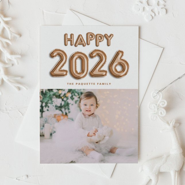 2026 Copper Foil Mylar Balloons New Year Photo Holiday Card (Customizable photo Happy New Year card featuring festive rose gold foil mylar balloons.)