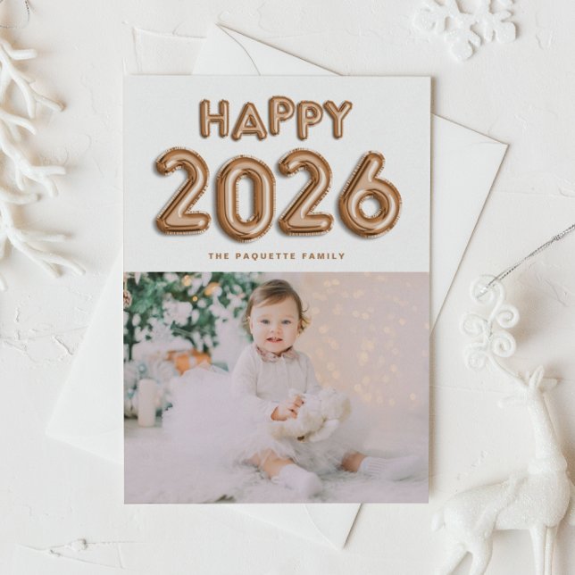 2026 Copper Foil Mylar Balloons Photo New Year Holiday Postcard (Customizable photo Happy 2026 New Year postcard featuring copper foil mylar balloons.)